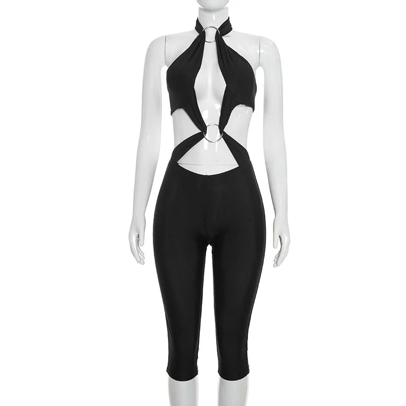 Stylish Lady Halter Jumpsuit Women Metal Ring Cutout Splicing Bodycon Capri Jumpsuit Backless Hollow Out Slim Club Party Romper