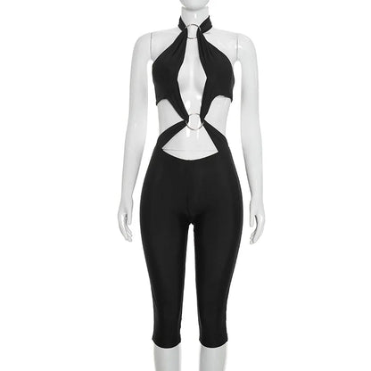 Stylish Lady Halter Jumpsuit Women Metal Ring Cutout Splicing Bodycon Capri Jumpsuit Backless Hollow Out Slim Club Party Romper