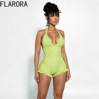 FLARORA Hottie Polka Dot Print Rompers Woman Sexy Halter V Neck Bandage Backless Skinny Ruched Playsuits Sweet Trend Streetwear