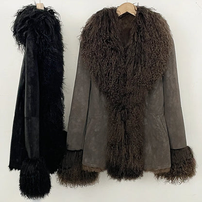 OFTBUY New Winter Warm Curly Mongolia Sheep Fur Jacket Women Vintage Shearling Coat Slim Faux Suede Real Rabbit Fur Clothing