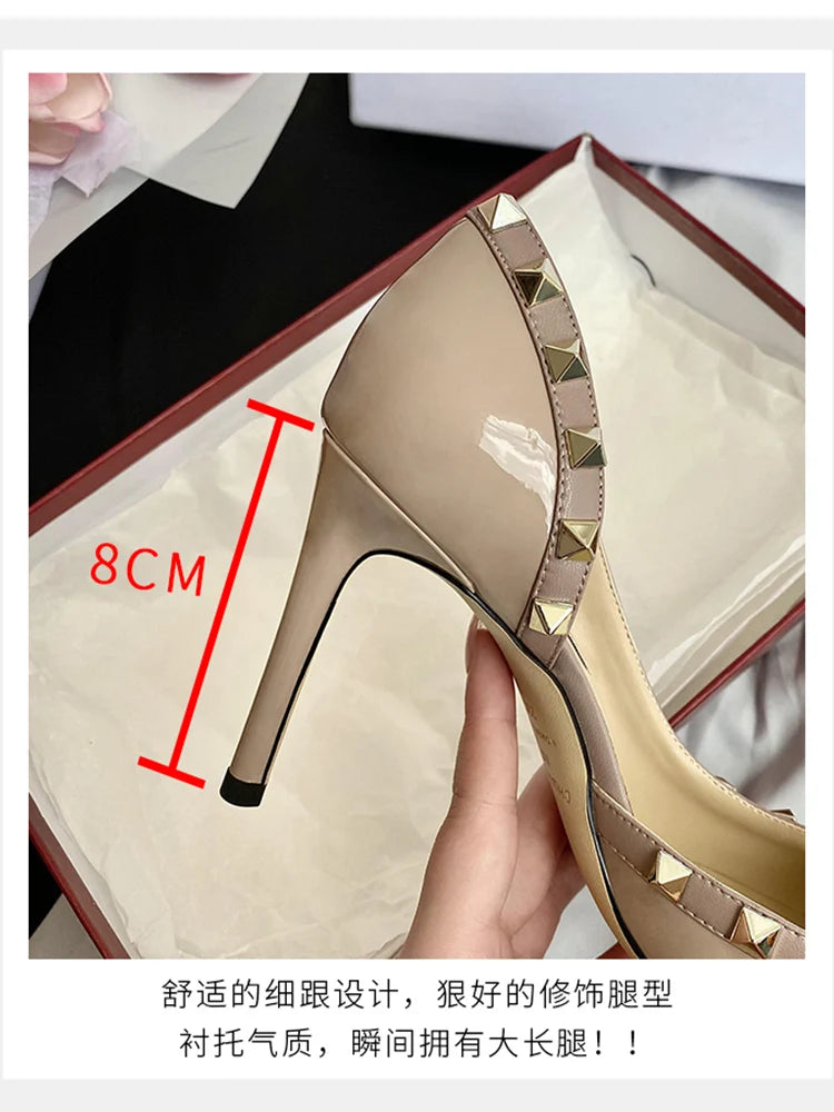 Luxury Brand Women's Shoes Woman Sandals Summer Rivets High Heels Side Empty Female Leather Fashion Prom Ladies Shoes Women 2026