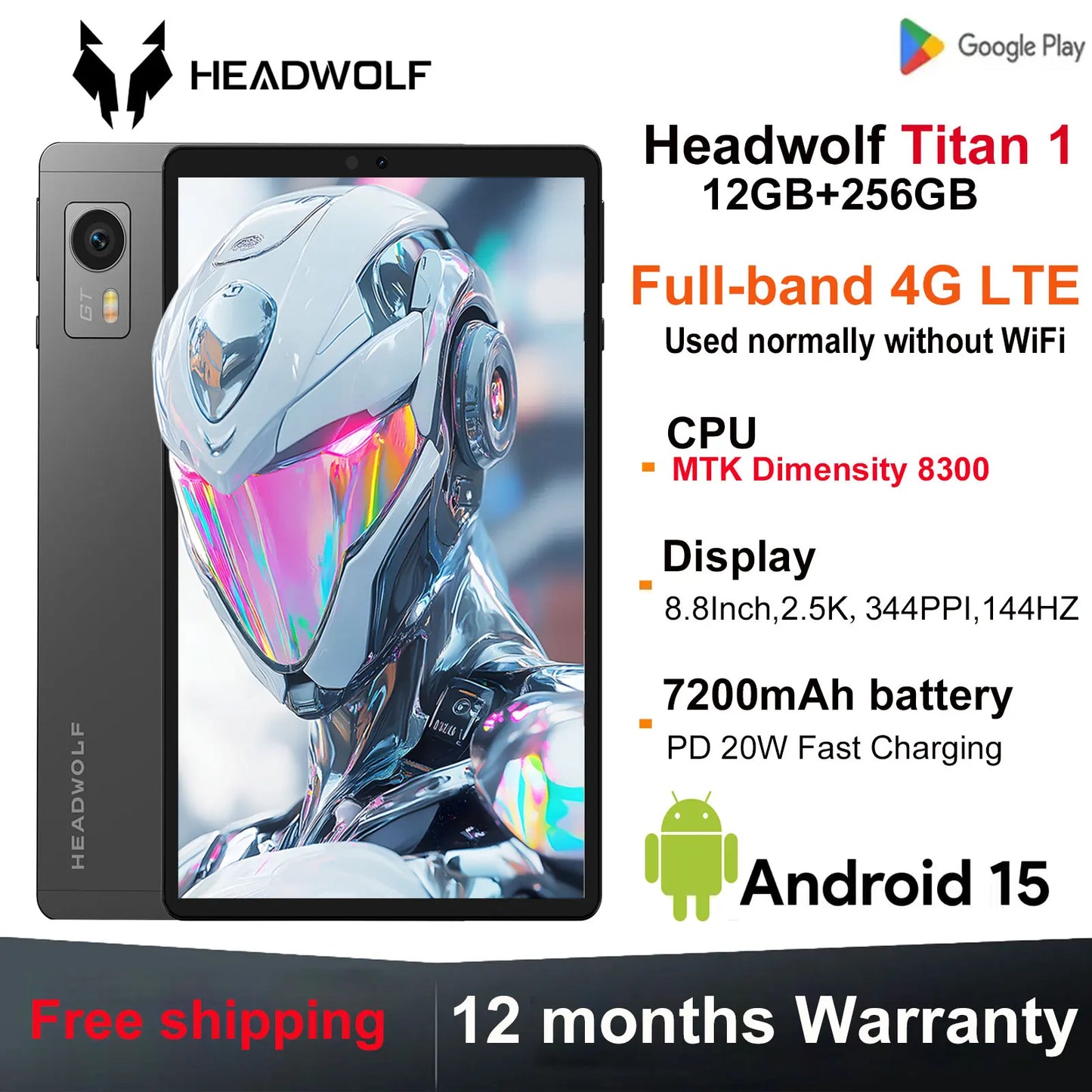 World Premiere Headwolf TiTan1 4G LTE Tablet MTK Dimensity 8300 Dual SIM Slot 8.8" 12G+256GB ROM Android15 7200mAh Gaming Tablet