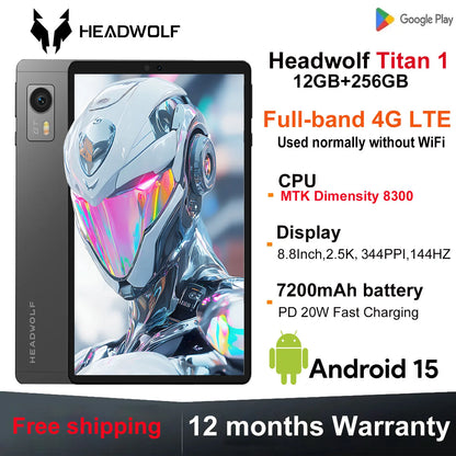 World Premiere Headwolf TiTan1 4G LTE Tablet MTK Dimensity 8300 Dual SIM Slot 8.8" 12G+256GB ROM Android15 7200mAh Gaming Tablet