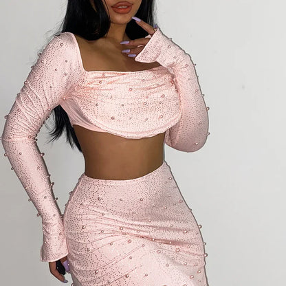 Luxury Y2k Bodycon Sexy Two-piece Set Skirt Sets Sequins Pearls Women Outfits Evening Party Gowns Chic Dresses Short Suits White