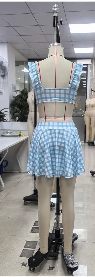Combhasaki Halloween Dorothy Cosplay Costume Gingham 2 Piece Outfits Sleeveless Bow Tied Bra Tank Tops and Plaid Mini Skirt Set