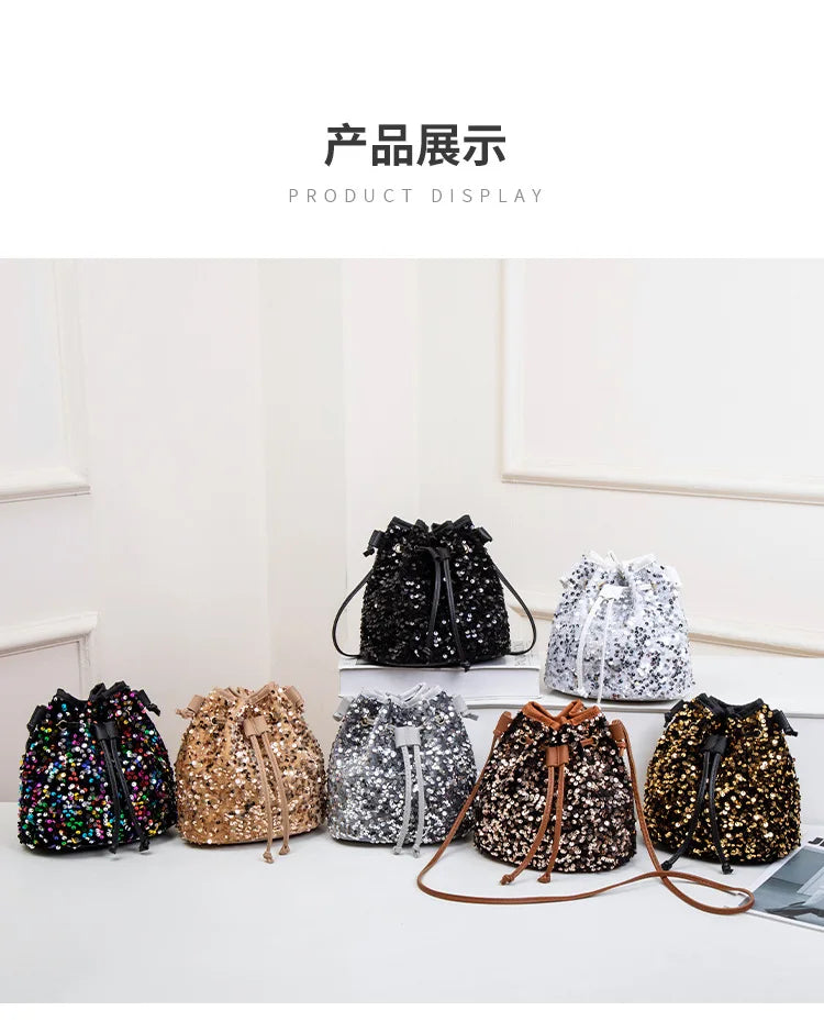 New Chic Multicolor Sequin Shing Shoulder Bag Fashion Versatile Handbag Drawstring Bucket Bag Large Capacity Wallet Purse Bags