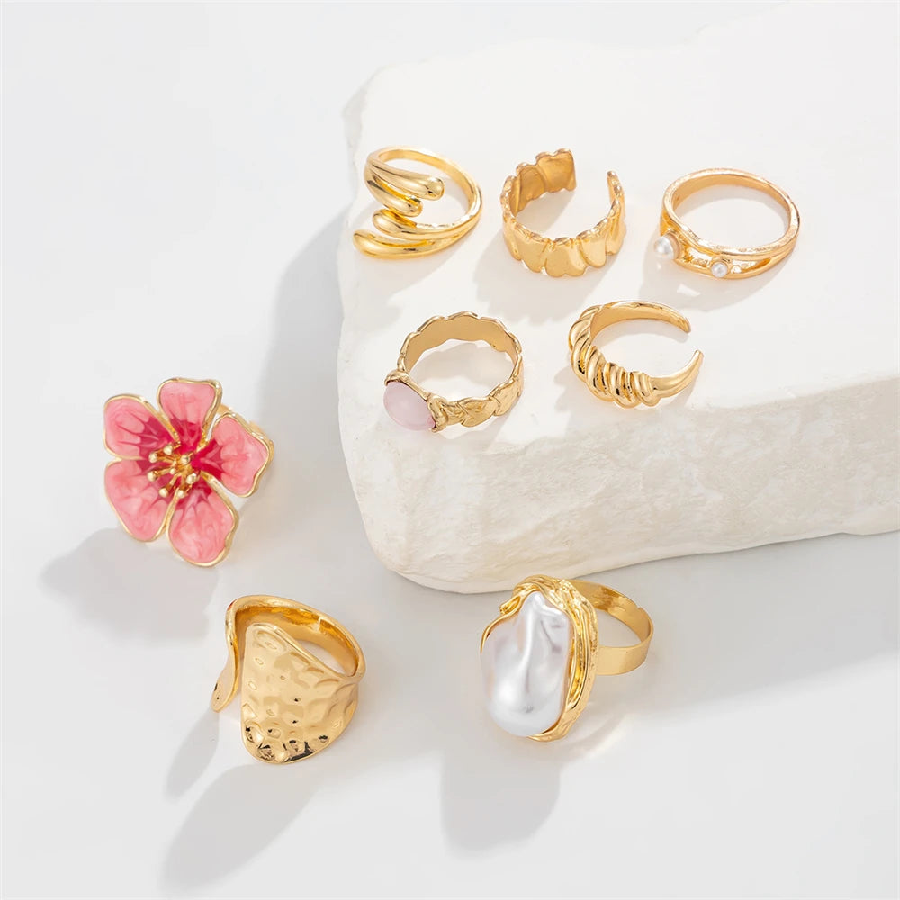 8Pcs/Set Vintage Pink Metal Flower Ring Set for Women Punk Elegant Baroque Pearl Knuckle Joint Ring Party Daily Wear Jewelry