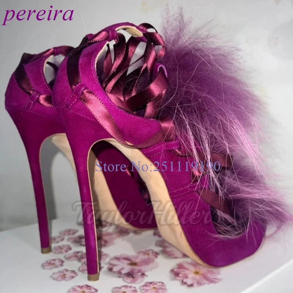 Purple Suede Heeled Sandals Feather Lace Up High Heels Stiletto Shoes Women Luxury Designer 2025 Sandalias De Mujer New Pink New