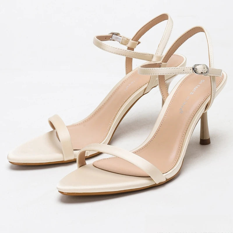 Elegant Heeled Sandals Women Luxury Satin Narrow Strap Design Ankle Strap Heels Sexy Pointed Toe Evening Designer Shoes Ladies