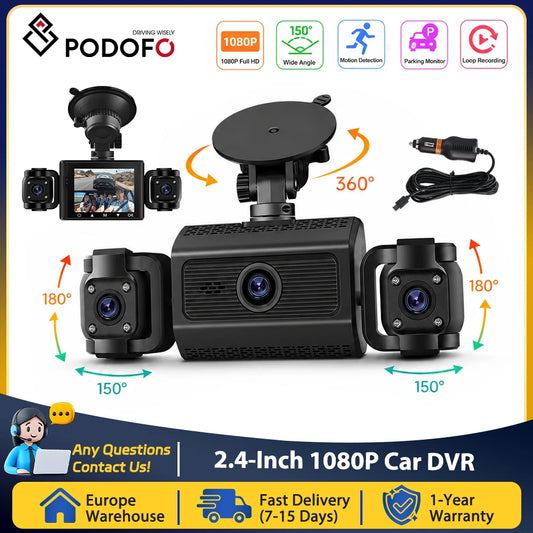 Podofo 2.4-inch 1080P Car Rear Mirror Dash Cam DVR Camera Triple Record HD Car Recorder With 480P Car Left, Right Camera Support Motion Detection Loop Recording Car Video Recorder