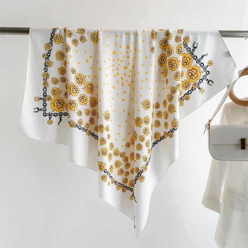 90cm Floral Print Silk Square Scarf Women Luxury Brand Satin Shawls Neckerchief Wrap Scarves Bandana Hair Hjiab Bohemian Style