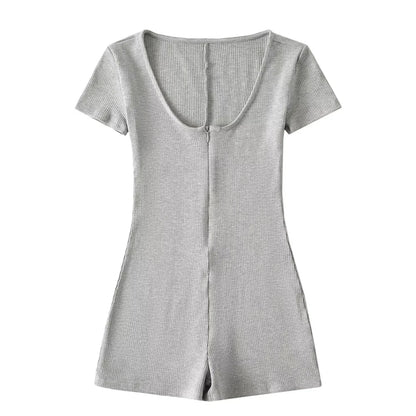 Womens Playsuits Yoga Low Neck Slim Fit Short Sleeve Jumpsuits Stretch One Piece Romper Sexy Fitness Female Sportwears Zipper