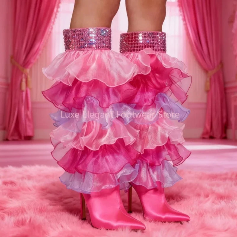 Pink Satin Tulle Ruffle Mesh Rhinestone Knee High Boots Women Back Zipper Pointed Stiletto Long Boots Sweet Lovely Party Boots