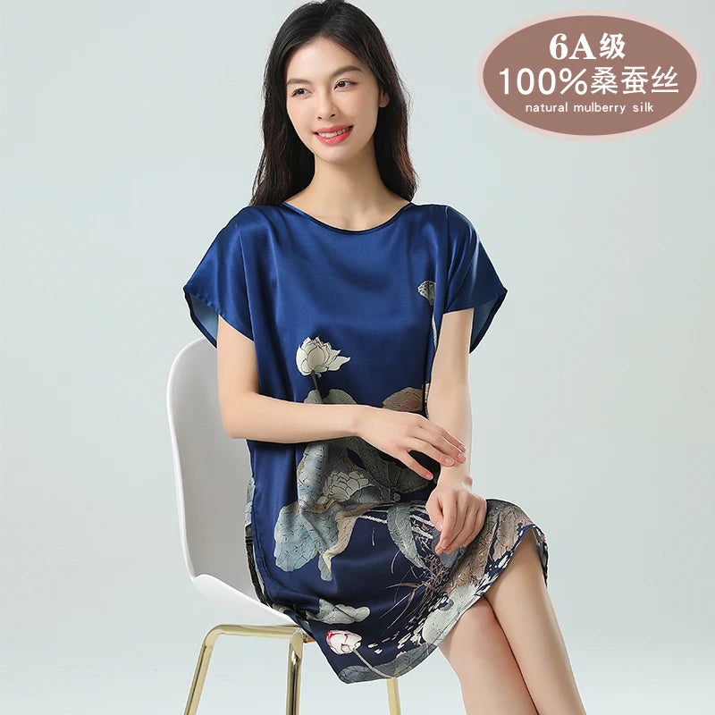 19MM 100% Mulberry  Silk Dress Pajamas Sleeping Home Dress Nightwear Women's Loose Plus Size  Short Sleeve Summer  40-80kg