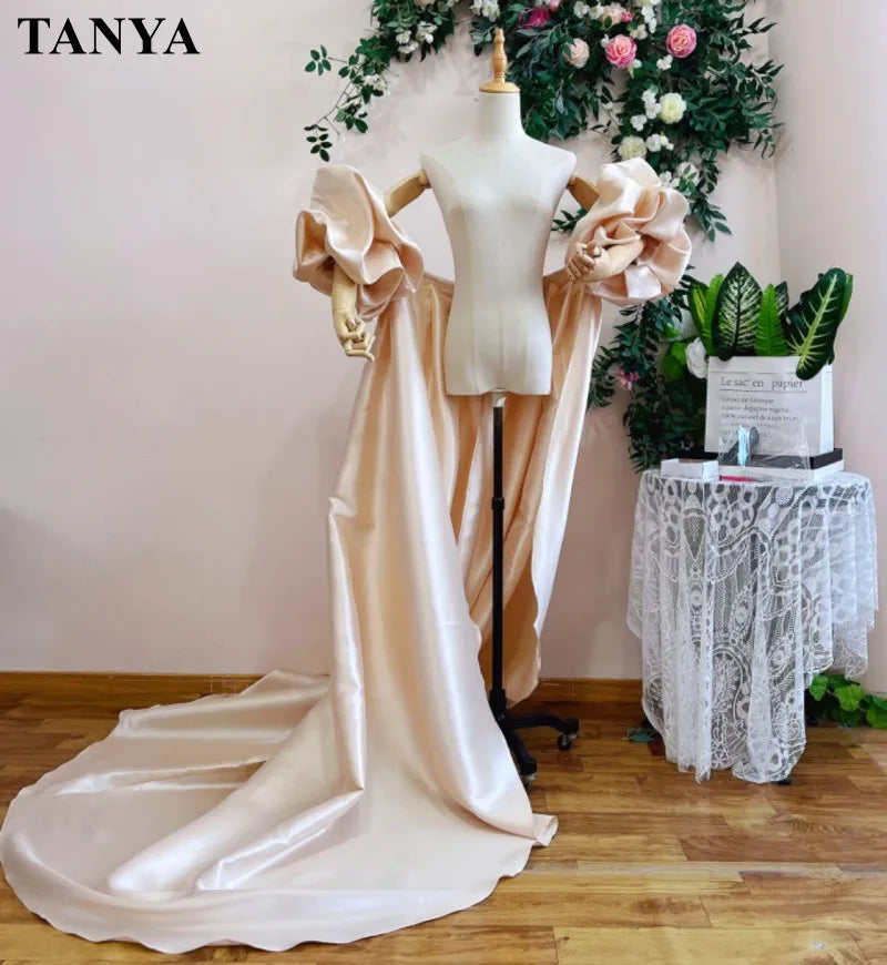 Red  Mikado Satin Long Wedding Cape Puffy Short Sleeves Court Tain Evening Cape Outfit Coat For Women Costume DJ199