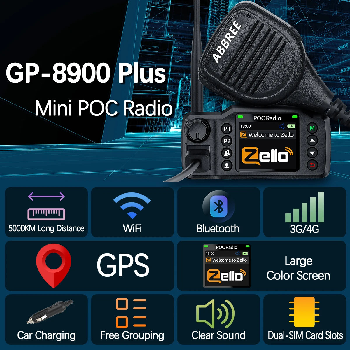 ABBREE GP-8900 PLUS Global POC Network Mini Mobile Radio Zello GPS Android Bluetooth WiFi Unlimited distance 4G/3G/2G Car Radio