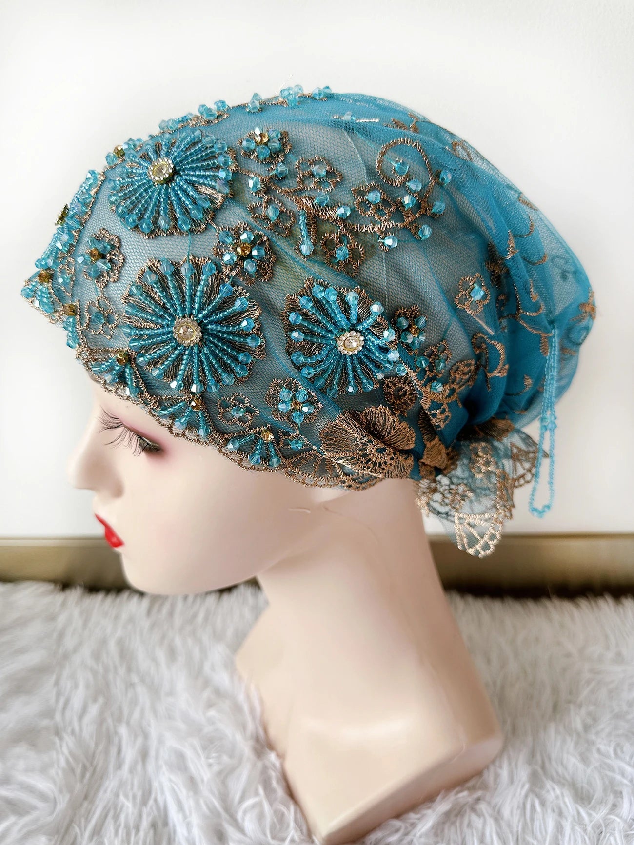 High Quality Lace handcrafted Beaded Turban Hat Female Head Wraps Caps Muslim Women Headscarf Bonnet Ready to Wear Inner Hijabs