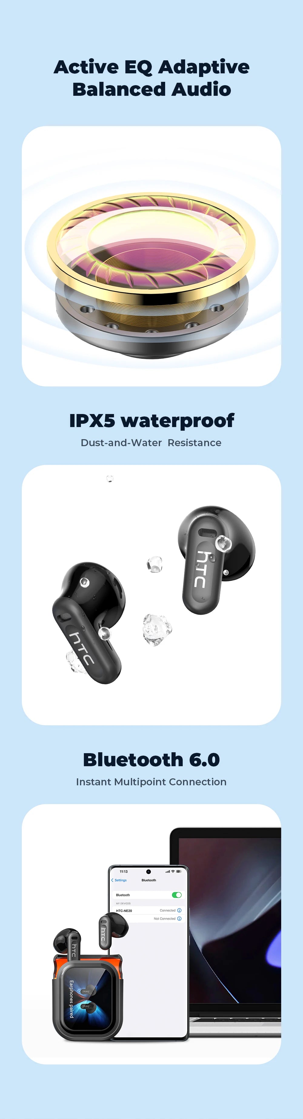 HTC NE20 Original Wireless Bluetooth Earphone In Ear AI Translate Earbud LED Multi-function Touchscreen Noise Reduction Headset