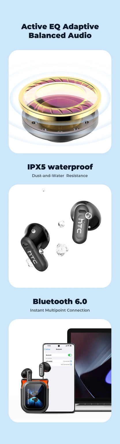 HTC NE20 Original Wireless Bluetooth Earphone In Ear AI Translate Earbud LED Multi-function Touchscreen Noise Reduction Headset