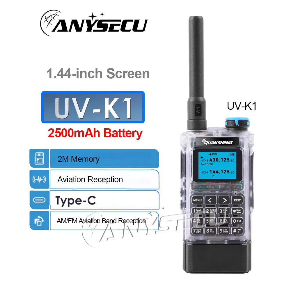 Quansheng UV-K1 1400mAh UV-K1 2500mAh 144-148 430-440MHz 1400mAh 200CH 5W Type-C Charger  Aviation Band Two Way Radio