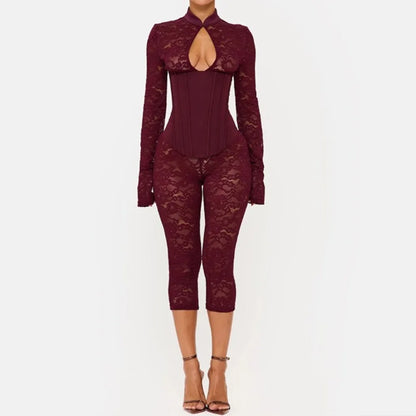FAGADOER Sexy Lace See Through Corset Jumpsuit Women Hollowed-out Long Sleeve Bodycon Capri Pants Clubwear Night Party Outfit