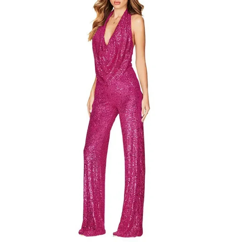 Sequins Sexy Jumpsuits Women Halter Fashion Summer Party Elegant Sleeveless Female New High Waist Street Straight Rompers