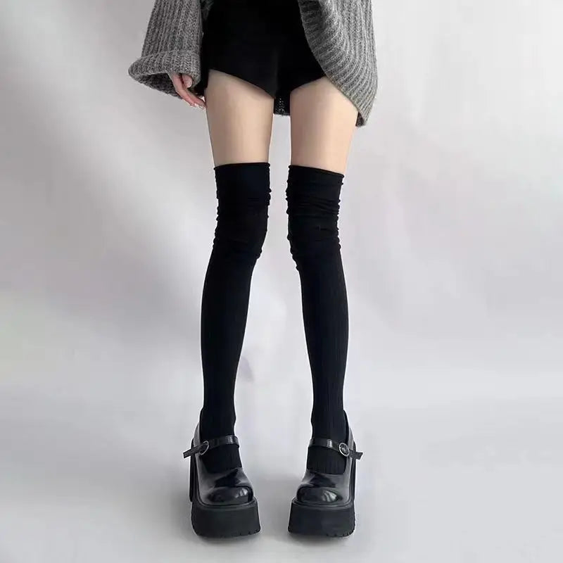 1pair Boot Socks Autumn/Winter Solid Color Thigh High Lace Cute Lolita Warm Stockings Sexy Black White Long Leg Socks for Women