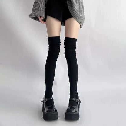 1pair Boot Socks Autumn/Winter Solid Color Thigh High Lace Cute Lolita Warm Stockings Sexy Black White Long Leg Socks for Women