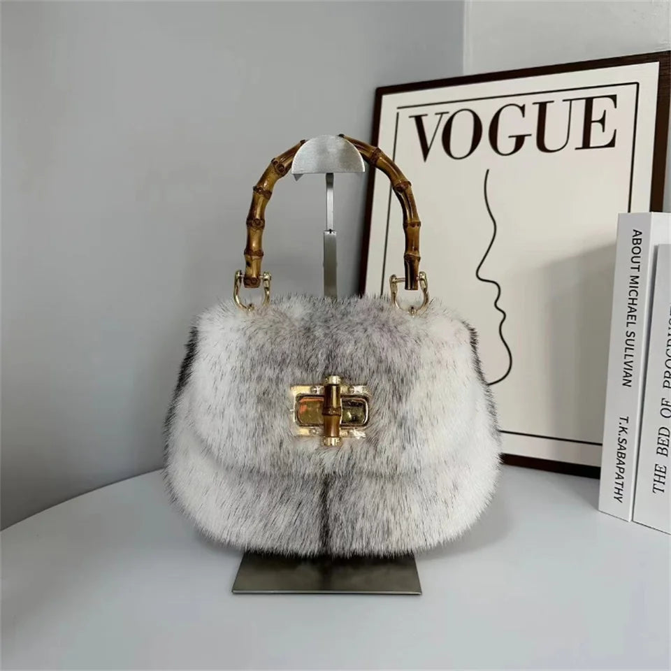 Fur Women's Mink Fur Bag Luxury Warm Plush Wrist Bags  Women Fashion Furry Short Handle Clutch Cute Ladies Fur Bags For Women