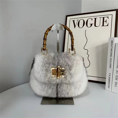 Fur Women's Mink Fur Bag Luxury Warm Plush Wrist Bags  Women Fashion Furry Short Handle Clutch Cute Ladies Fur Bags For Women