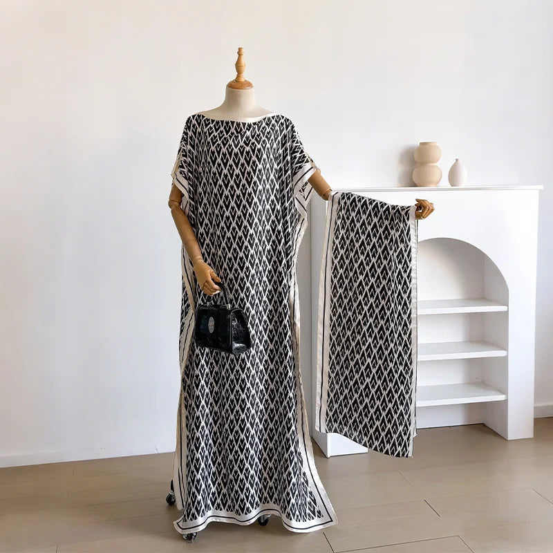 Ladies Scarf New Dubai Fashion Print Design Women Long Dress 2026 Summer Beach Party Loose Dress Silk Soft African Abaya MOOMOO