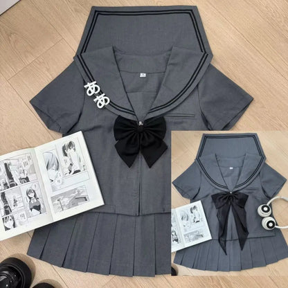 Basic Grey Sailor Suit Set, School Uniform, Preppy Style, Short-sleeved, Long-sleeved, and Short-skirted.