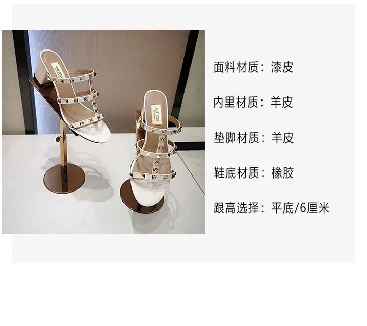 Women's Sandals Gladiator Summer With Heels Real Leather Rivets Luxury Brand High-heeled slippers Designer Silver Ladies Shoes