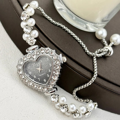 Elegant Heart-Shaped Watch with Double-Row Diamond Pearl Bracelet & Drawstring Closure