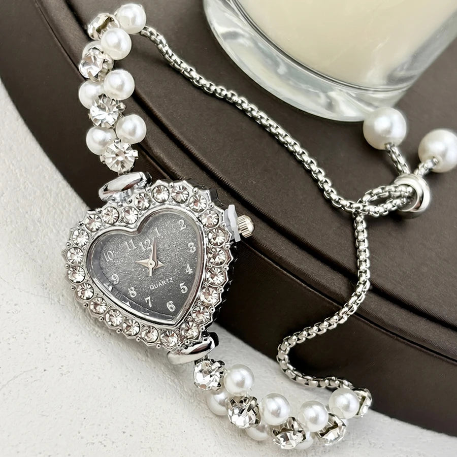 Elegant Heart-Shaped Watch with Double-Row Diamond Pearl Bracelet & Drawstring Closure