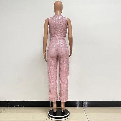 Bling Bling Sequined Club Jumpsuit Sexy Women O-neck Elegant Shiny Sliver Gold Sequins Straight Romper Overalls