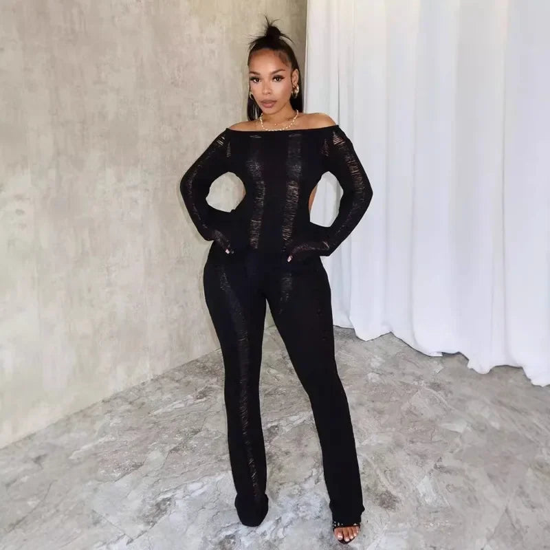 2024 Autumn Women Solid Knitted Jumpsuits Sexy Backless Hollow Off Shoulder Long Sleeve Stretch One Piece Overalls Casual Romper