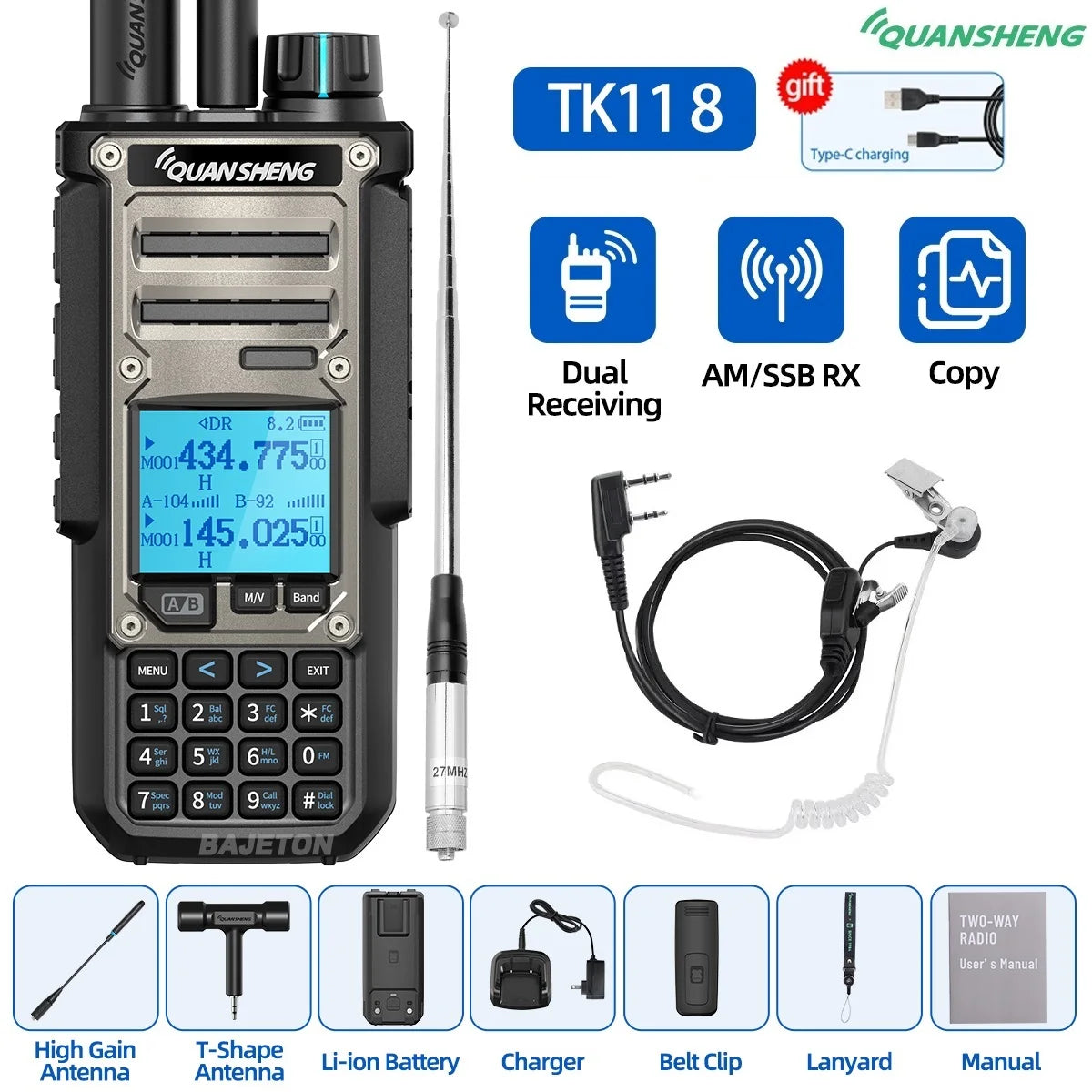 Quansheng TK11 8 Walkie Talkie 10W Dual Receiving PTT AM SSB 27MHz CB CW LSB LW MW SW Type-C NOAA for UV-K5 8 Ham Radio TK-11 5