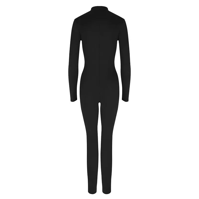 Autumn New Women's Jumpsuits Fashion Streetwear Long Sleeves Half High Collar Zippers Bodycon Rompers Black Sexy Lady Jumpsuits