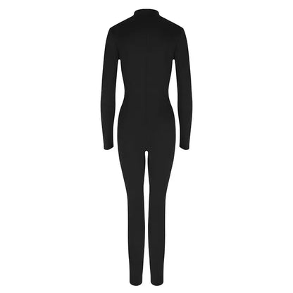 Autumn New Women's Jumpsuits Fashion Streetwear Long Sleeves Half High Collar Zippers Bodycon Rompers Black Sexy Lady Jumpsuits