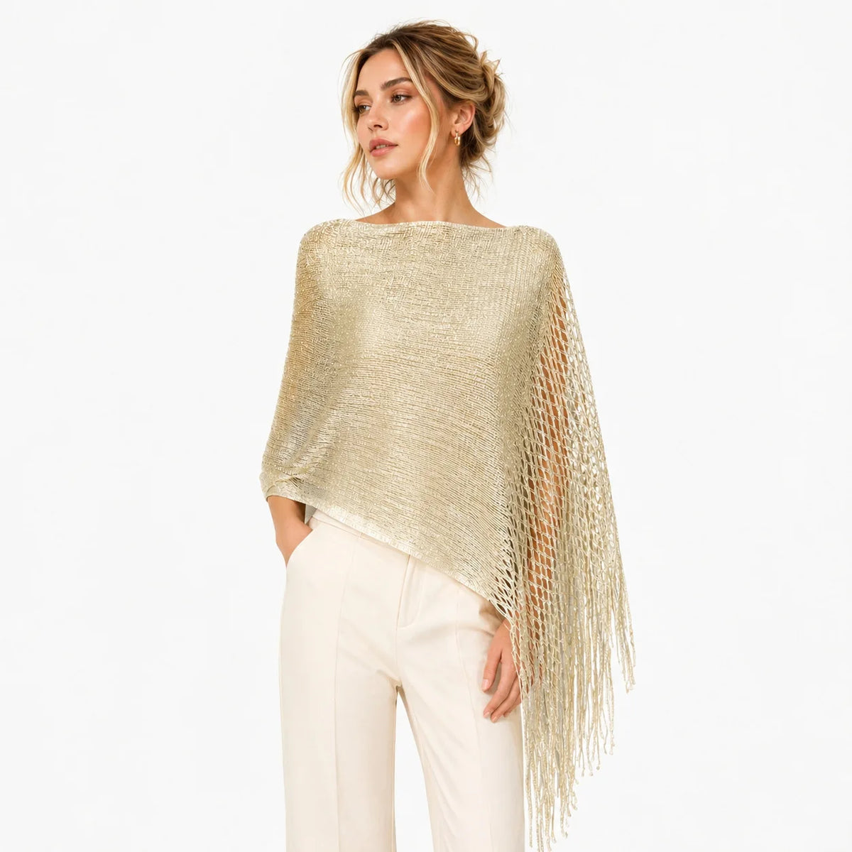 Spring/Summer Cross-Border Gold Silver Thread Mesh Tassel Hollow Knit Shawl Scarf for Women-Outerwear for Evening Parties