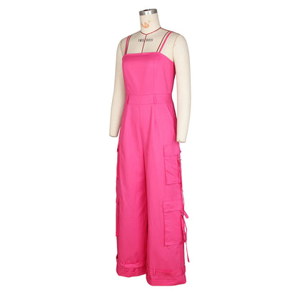 Jumpsuits Women One Piece Cargo Pant Wide Leg Long Pants Loose Casual Sling Sleeveless Overalls Y2k Strapless Solid Rompers