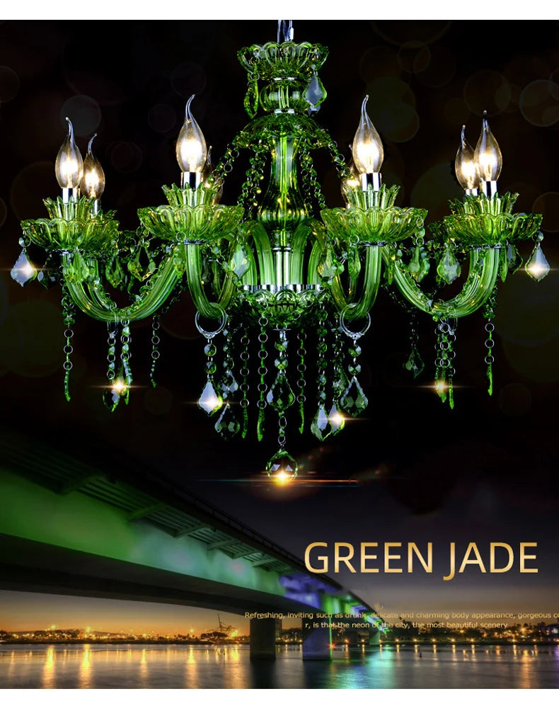 European Green Crystal Living Room Bedroom Candle Chandelier Restaurant Cafe Hotel Lobby Ceiling Decoration E14 Pendent Lights