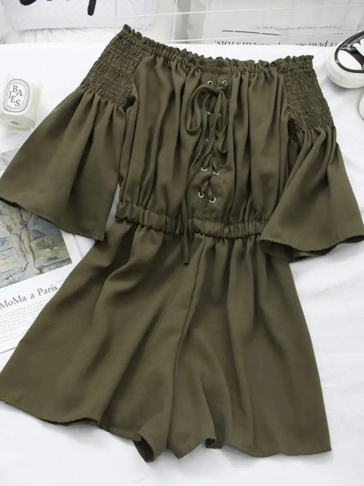Women's Casual Summer Beach Romper Olive Green Off The Shoulder Lace Up Short Sleeve Elastic Waist Playsuit