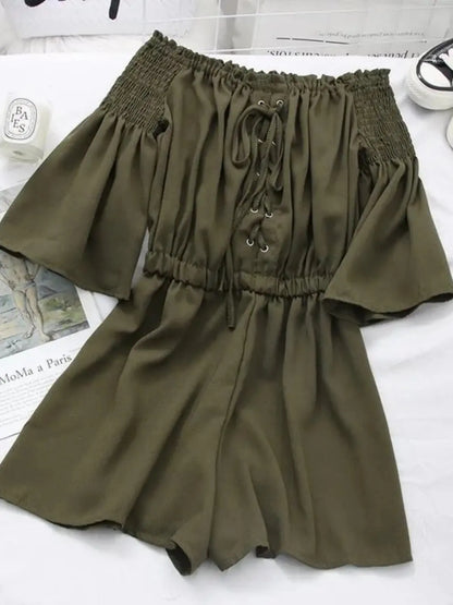 Women's Casual Summer Beach Romper Olive Green Off The Shoulder Lace Up Short Sleeve Elastic Waist Playsuit