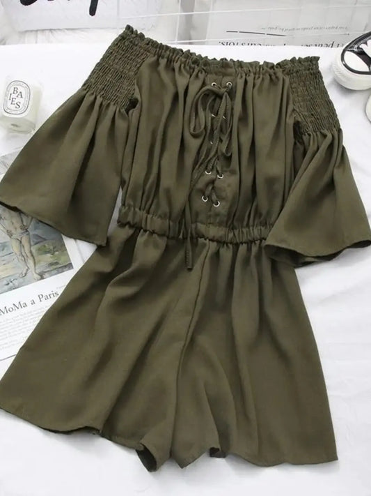 Women's Casual Summer Beach Romper Olive Green Off The Shoulder Lace Up Short Sleeve Elastic Waist Playsuit
