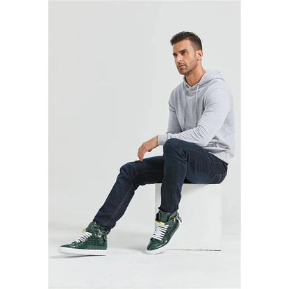 Luxury Designer Men Crocodile Pattern High Top Sneakers Glossy Patent Leather Gold Buckle Lace-up Casual Street Shoes Footwear