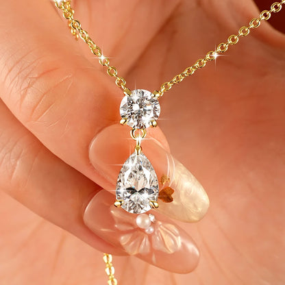 Celestinova 2.5ct GRA Pear Teardrop Moissanite Pendant Necklace Two-Stone Zircon 14K Gold Plated Jewelry for Women