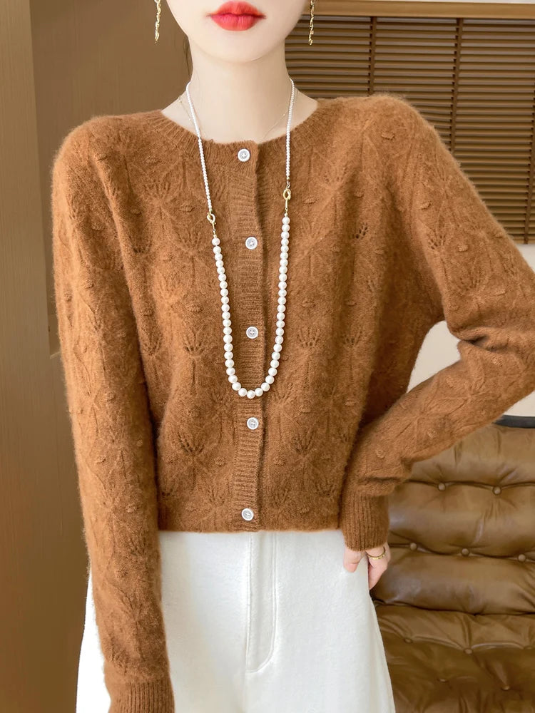 New Autumn Winter Soft Warm Cardigan Woman Cashmere Sweater O-neck Women 100% Merino Wool Sweater Loose Fit Hollow out Top Coat
