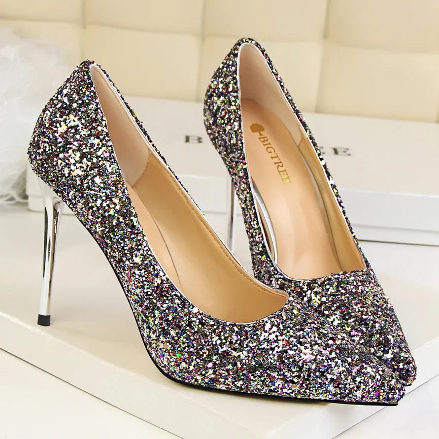 Women Luxury Bling Red  Blue Valentine Party Scarpins Pumps Lady Glitter Sequins 7cm 9.5cm High Heels Designer Shoes Plus Size